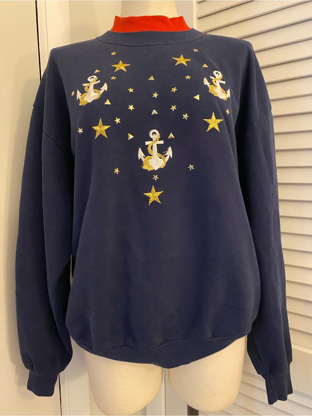 Vintage 90s “Shipshe” Navy Sweatshirt w/ Gold Anchor & Star Embroidery- Size L